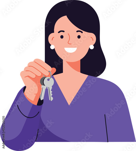 Woman holding keys smiling happily in purple clothing vector illustration portrait 