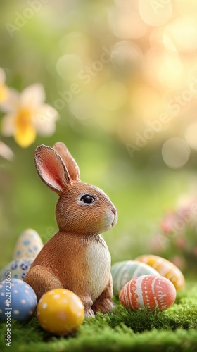 Cute Bunny Holding Colorful Eggs in a Vibrant Spring Setting With Flowers and...