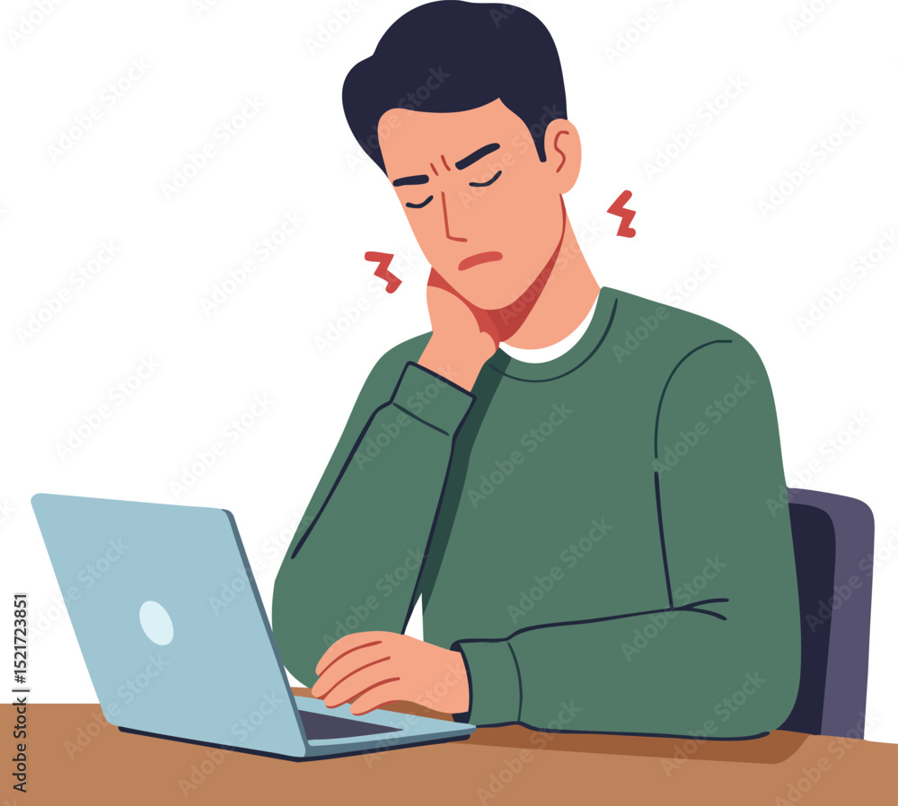 Man experiencing neck pain while working on laptop computer green sweater vector illustration Man experiencing neck pain while working on laptop computer green sweater vector illustration