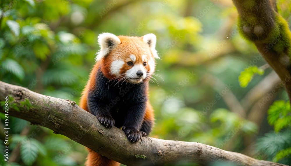Naklejka premium Red panda sitting on a tree branch in a lush green forest, looking curious and peaceful in a natural zoo habitat