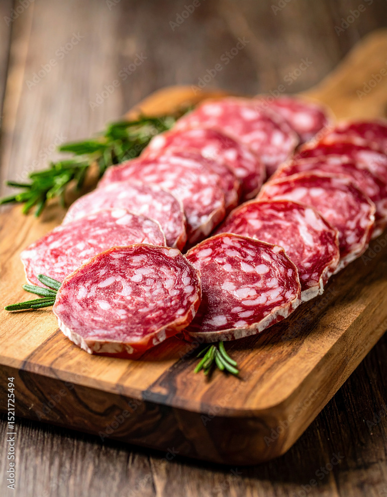 Thinly sliced cured Italian salami is artfully arranged on a rustic wooden board, accompanied by sprigs of fresh rosemary, ready to be enjoyed as a savory delicacy. Thinly sliced cured Italian salami is artfully arranged on a rustic wooden board, accompanied by sprigs of fresh rosemary, ready to be enjoyed as a savory delicacy.
