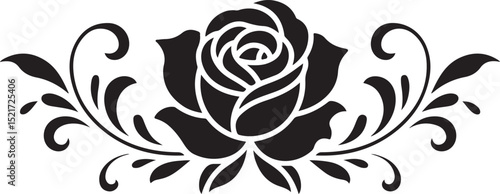 Ornamental Rose Floral Divider – Black Silhouette Vector | Elegant Black Rose Silhouette with Decorative Swirls and Floral Details