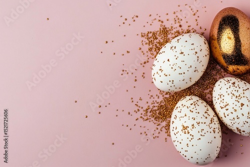 Decorative Eggs With Golden Embellishments on a Pastel Pink Background for Ce...