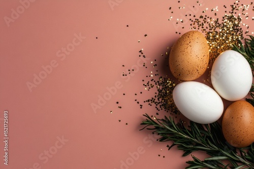 Decorative Eggs With Golden Embellishments on a Pastel Pink Background for Ce...