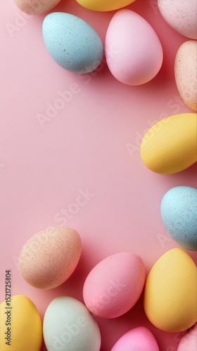 Colorful Easter Eggs Arranged on a Pink Background for Spring Celebration and...
