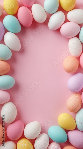 Colorful Pastel Eggs Arranged on a Pink Background for Spring Celebrations.