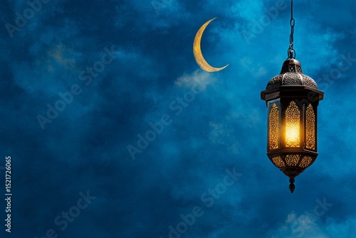 Lantern Glowing Under Crescent Moon in Twilight Sky Creating a Serene Evening...