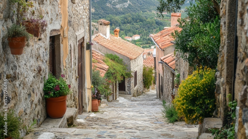 Fototapeta premium Quaint villages below add a sense of charm and tranquility