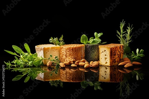 Assorted Cheeses With Nuts and Herbs Arranged on a Reflective Surface in a Da...