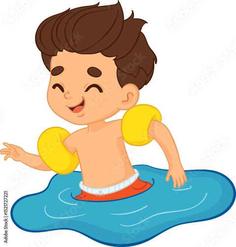Happy kid with armbands swimming – summer cartoon illustration