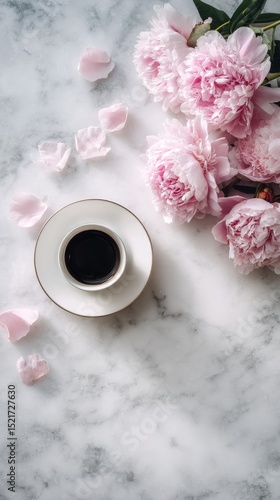 Coffee Cup Beside Pink Peonies on Marble Surface in Bright Setting