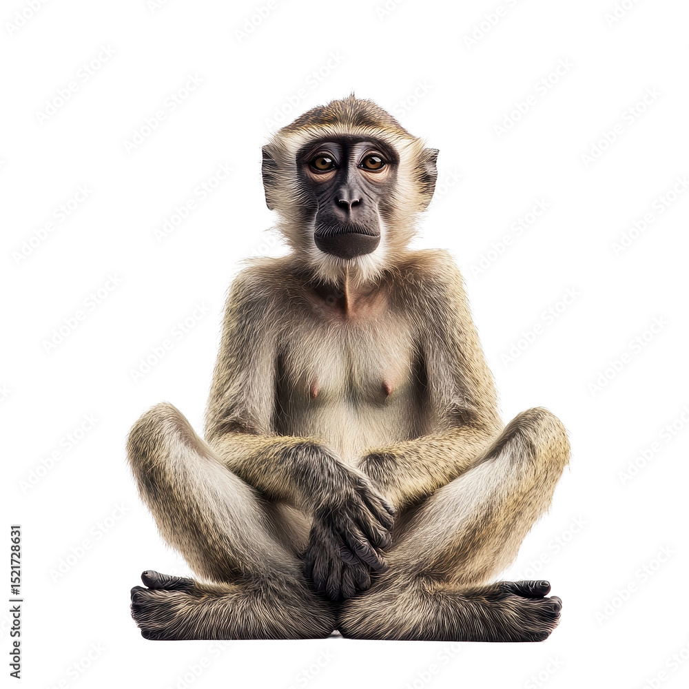 Fototapeta premium Monkey sitting calmly and thoughtfully in a relaxed pose against a Transparent background, Monkey Sitting isolated on PNG background