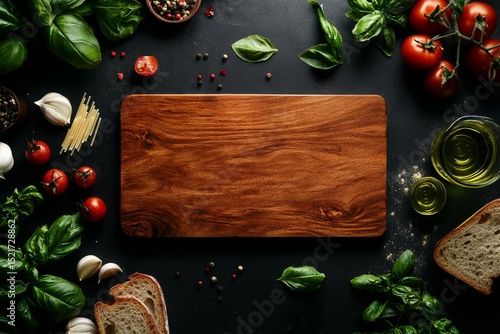 Fresh Ingredients and Rustic Wooden Board Are Ready for Italian Cooking Prepa...