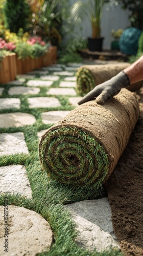 Laying Sod on a Stone Pathway in a Residential Garden During Afternoon Sunlight