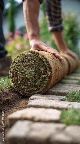 Laying Sod on a Stone Pathway in a Residential Garden During Afternoon Sunlight.