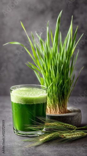 Fresh Green Juice Next to Wheatgrass in a Modern Kitchen Setting