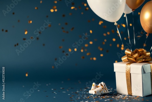 Colorful Balloons and a Gift Box Celebrate a Joyful Occasion With Confetti on...