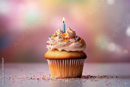 Festive Cupcake With Candle and Colorful Sprinkles on a Blurred Background