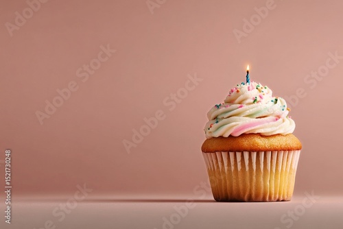 Festive Cupcake With Candle and Colorful Sprinkles on a Blurred Background.
