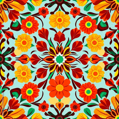 Vibrant floral pattern with symmetrical arrangement of flowers and leaves on a light blue background created with generated ai