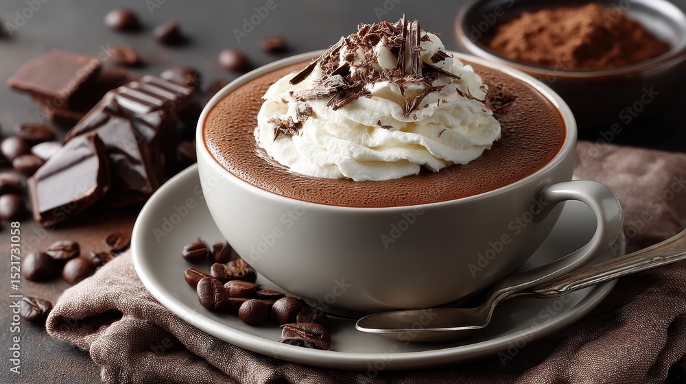 Delicious coffee topped with whipped cream and chocolate shavings on a stylish brown background perfect for cozy moments Delicious coffee topped with whipped cream and chocolate shavings on a stylish brown background perfect for cozy moments