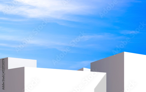 Backdrop Geometric White Podiums Step against Blue Summer Sky, Minimal 3d Platform Stand Background for Cosmetic Product Display Presentation, illustration