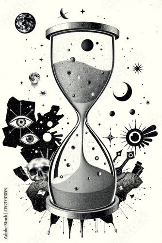 Detailed illustration of an hourglass surrounded by celestial and macabre elements in black and white created with generated ai