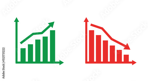 Graph going Up and Down sign with green and red arrows vector. Flat design vector illustration concept of sales bar chart symbol icon with arrow moving down and sales bar chart with arrow moving up.