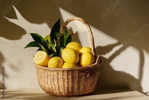 Bright Yellow Lemons in a Wicker Basket With Green Leaves in Natural Sunlight.