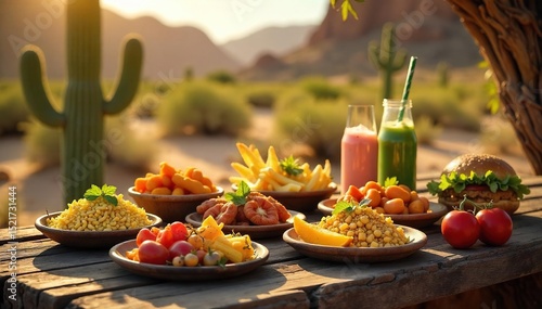A delicious and refreshing desert lunch spread laid out on a rustic wooden table under the shade of a desert plant Perfect for a hot day's adventure , meal, nature