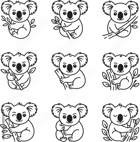 Adorable black and white koala bear illustrations displaying various poses while holding tree branches and eucalyptus leaves.