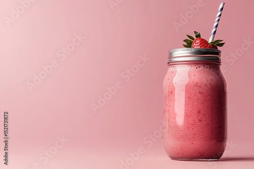 Refreshing Strawberry Smoothie in a Jar With Striped Straw Against a Pink Bac...