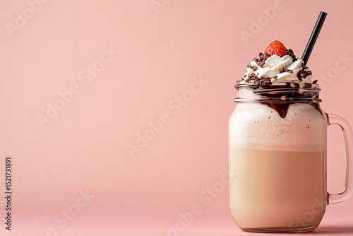Refreshing Strawberry Smoothie in a Jar With Striped Straw Against a Pink Bac...