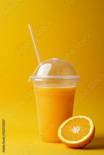Refreshing Orange Drink in a Clear Cup With a Slice of Orange on a Yellow Bac...