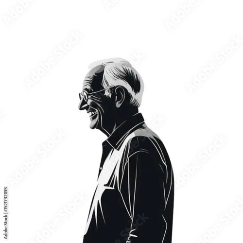 Portrait of a laughing elderly man in glasses, radiating kindness and wisdom, on a transparent background