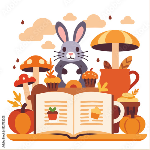 Autumn Baking Illustration-Cute Bunny with Pumpkin-Mushroom and Cupcakes-Fall Recipe Book-Whimsical Harvest Season Art-Perfect for Thanksgiving-Halloween Decor