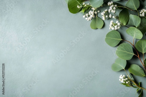 Fresh Eucalyptus Leaves and White Flowers Arranged on a Textured Background f...