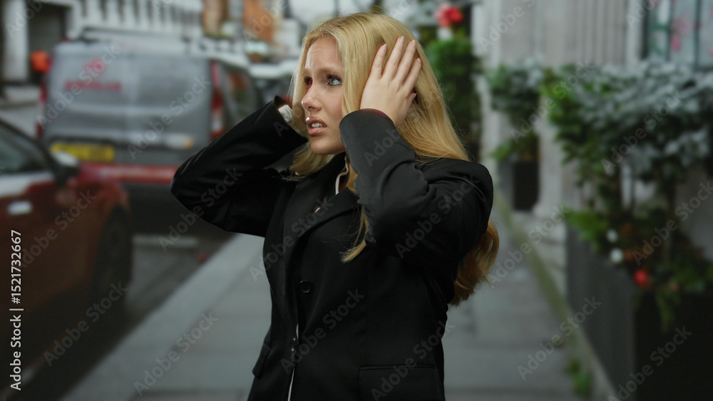 Fototapeta premium Woman outdoors covering ears in city street with vehicles and urban landscape, dressed in black suit, expressing concern, blonde hair flowing in city environment.
