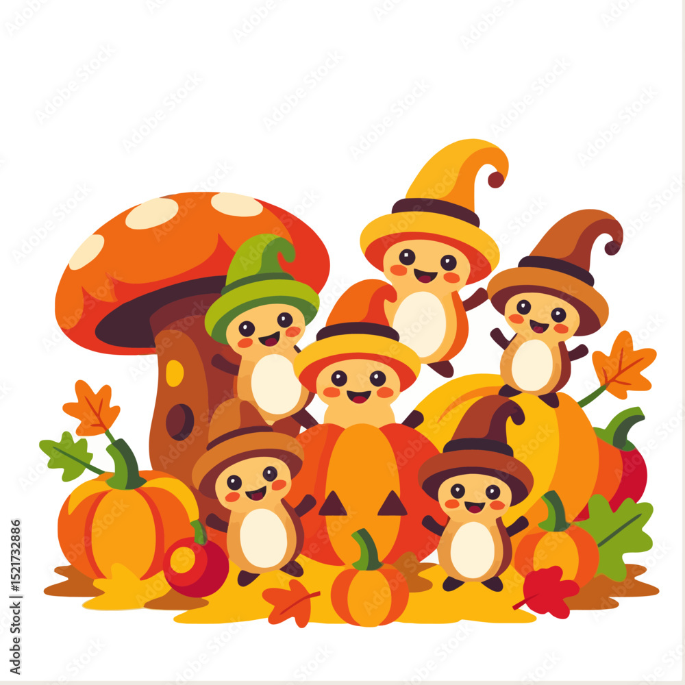 Fototapeta premium Cute Cartoon Characters Celebrating Autumn Harvest Season-Pumpkin Patch and Fall Leaves-Adorable Wizards and Mushrooms in Festive Colors