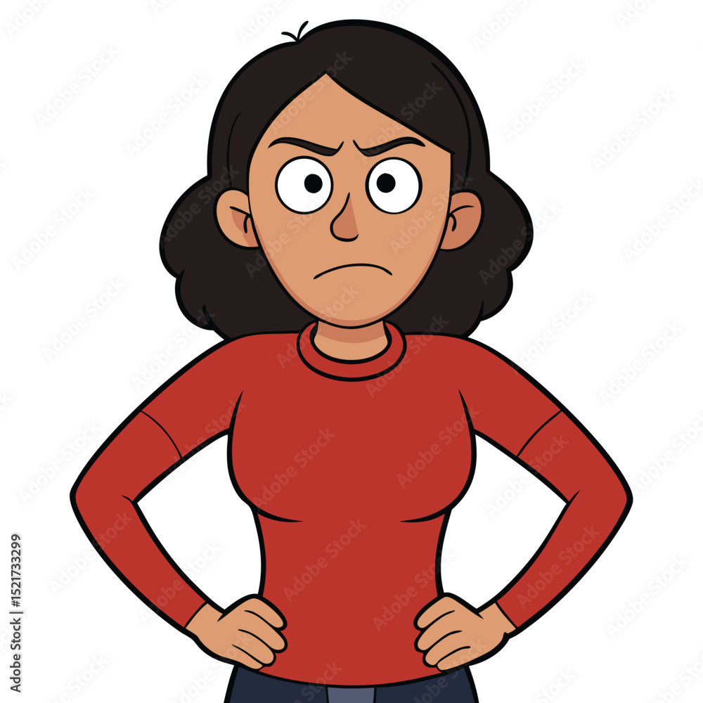 Obraz premium A woman looks frustrated with her hands on her hips, showing annoyance, impatience, and exasperation.