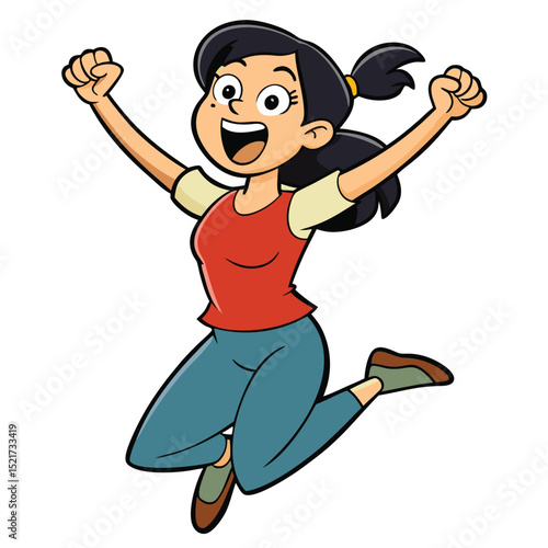 A woman looks excited, jumping for joy, showing immense happiness, enthusiasm, and celebration.