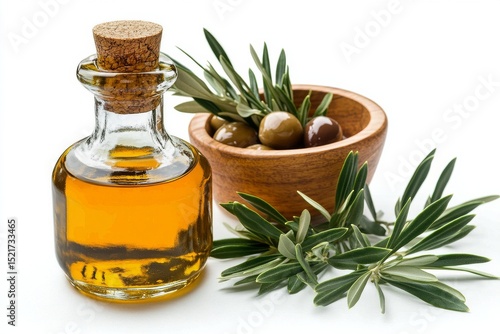 Freshly Harvested Olive Oil and Olives Arranged Attractively on a White Backg...