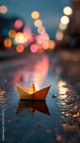 Colorful Paper Boat Floating in Puddle During Evening With City Lights in the...