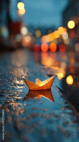 Paper Boat Floats on Wet Street at Dusk, Glowing Lights in Background Create ...