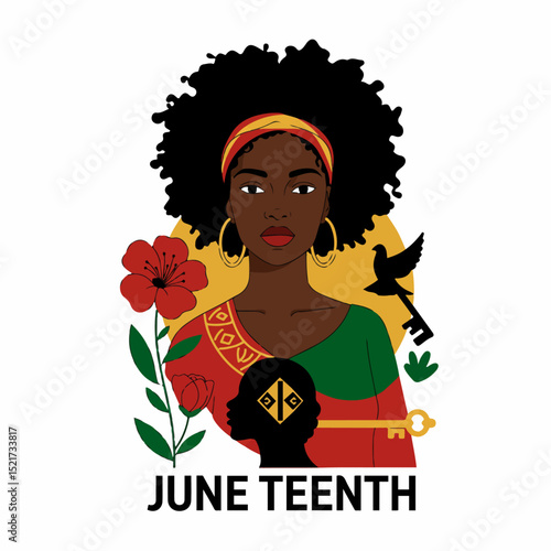 Juneteenth celebration illustration featuring african american woman with flowers and key. Juneteenth design includes symbolic elements: dove, key,