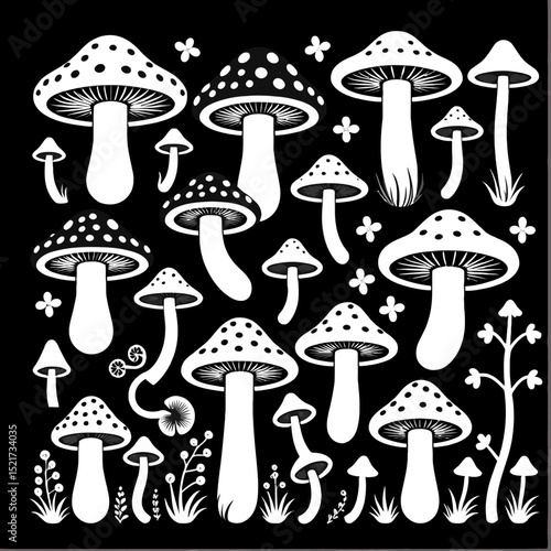 Mushroom Mania Illustration-Black and White Fungi Art-Whimsical Forest Decor-Mushroom Pattern Design-Boho Chic Artwork-Minimalist Botanical Print-Nature Inspired Home Decor