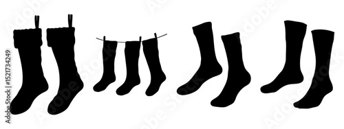 Collection of Black Sock and Stocking Silhouettes - Fashion and Holiday Design Elements