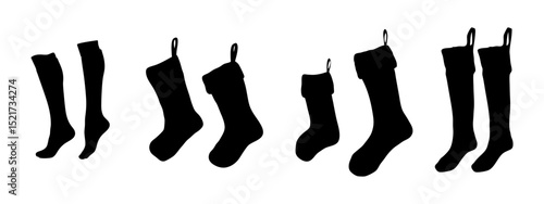 Collection of Black Sock and Stocking Silhouettes - Fashion and Holiday Design Elements