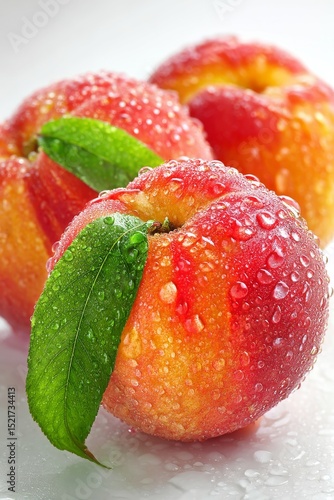 Freshly Picked Apples With Droplets of Water on a White Surface in Natural Light