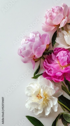 Colorful Peonies Arranged Beautifully on a White Surface in Natural Light